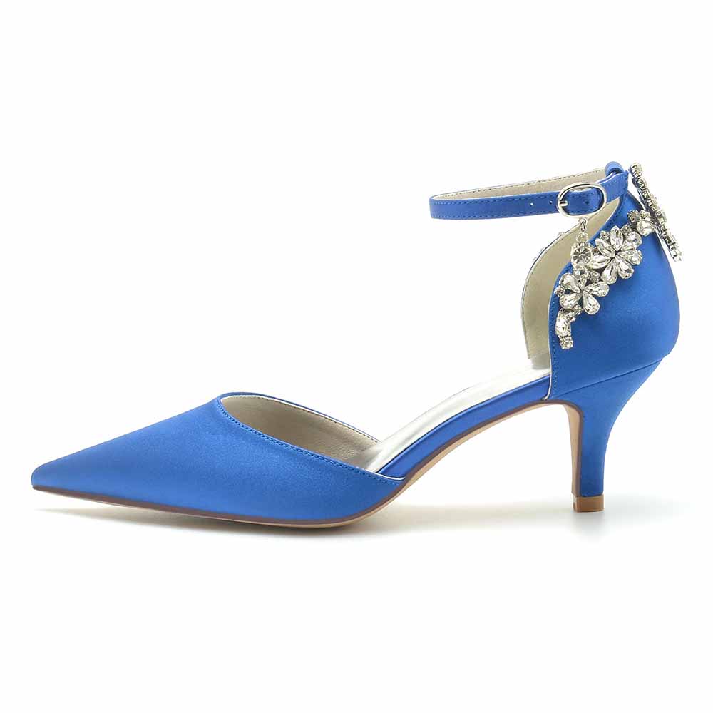 Women's satin bridal heels in blue with sparkling embellishments and ankle strap