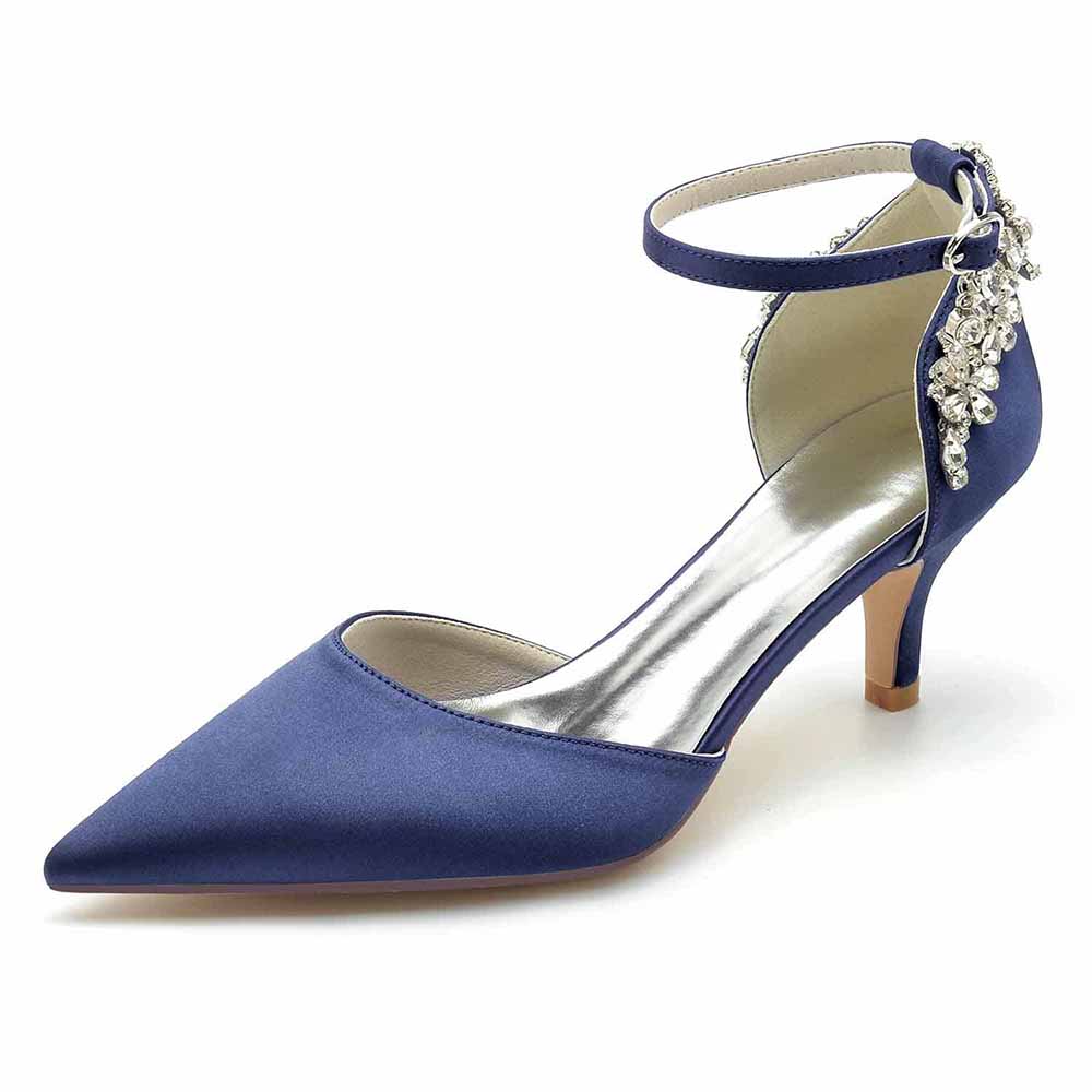 Elegant women's satin bridal heels in blue with a pointed toe and embellished ankle strap