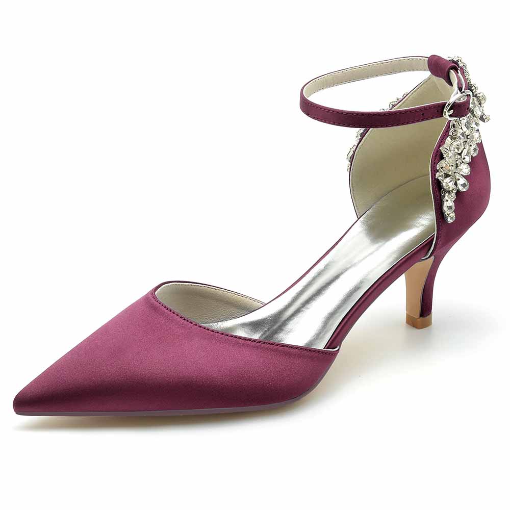 Elegant women's satin bridal heels in burgundy with a stylish ankle strap and decorative embellishments