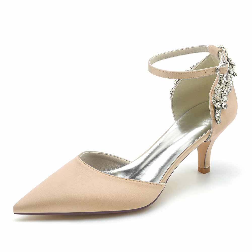 Elegant women's satin bridal heels with an ankle strap and decorative embellishments