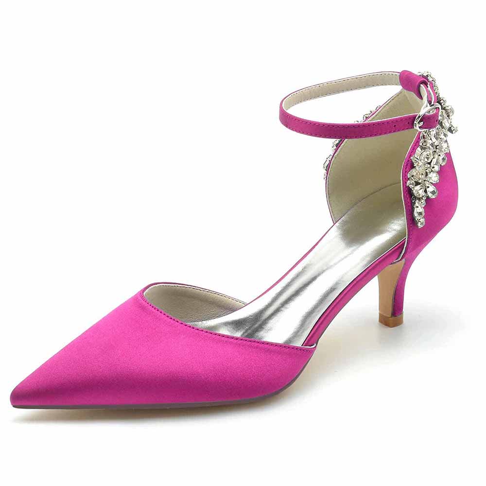 Women's satin bridal heels in vibrant pink with an elegant ankle strap and decorative embellishment