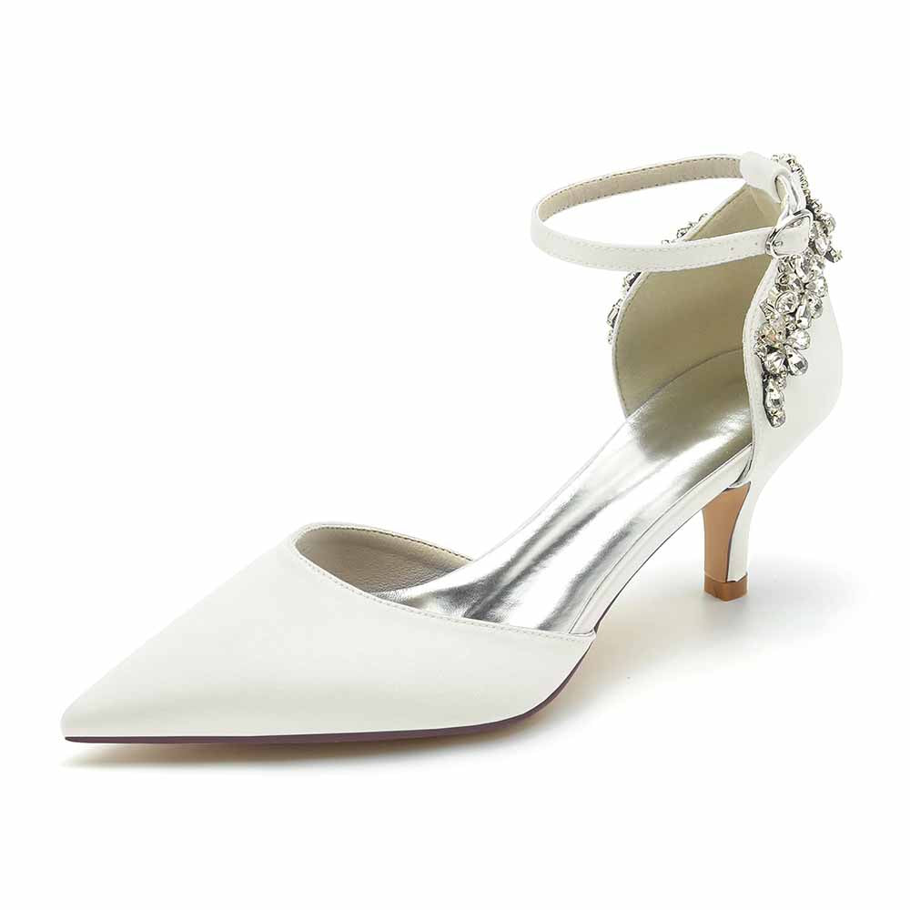 Women's satin bridal heels with ankle strap and embellished detail for a stunning wedding look