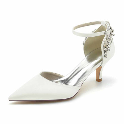 Women's satin bridal heels with ankle strap and embellished detail for a stunning wedding look