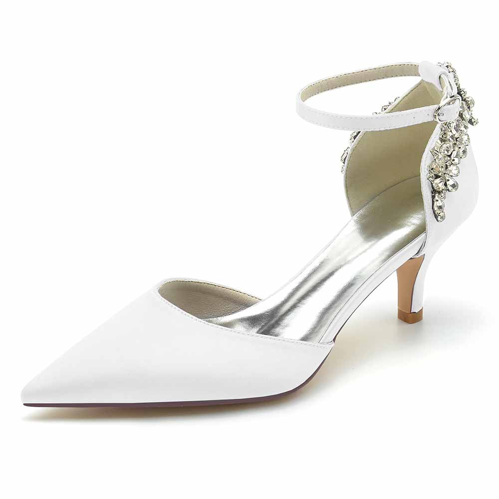 Elegant  women's satin bridal heels with a delicate ankle strap and embellishments