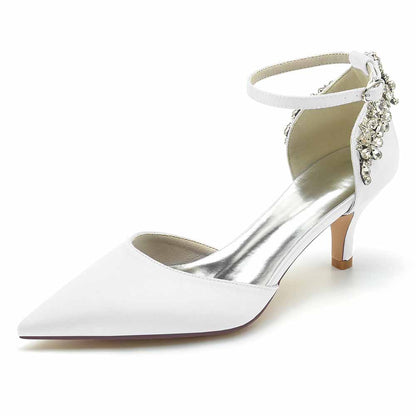 Elegant  women's satin bridal heels with a delicate ankle strap and embellishments