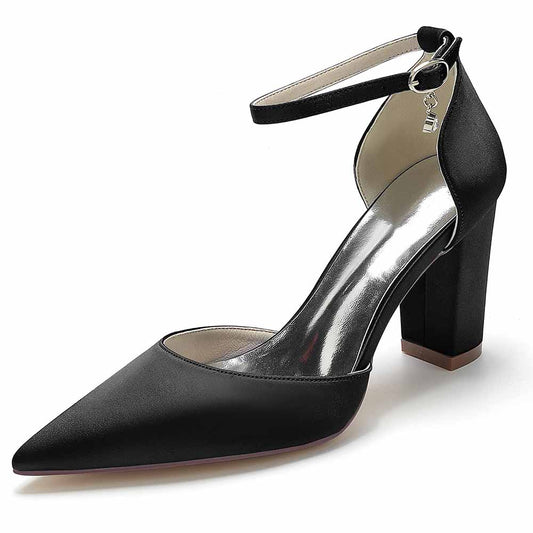 Women's satin closed toe high heels with a stylish ankle strap in classic black