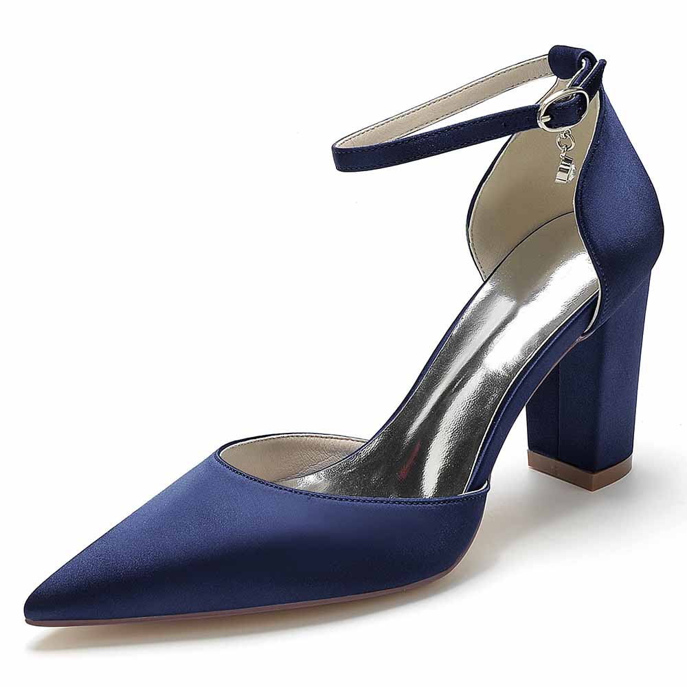 Women's satin closed toe high heels in navy blue with a stylish ankle strap and block heel.