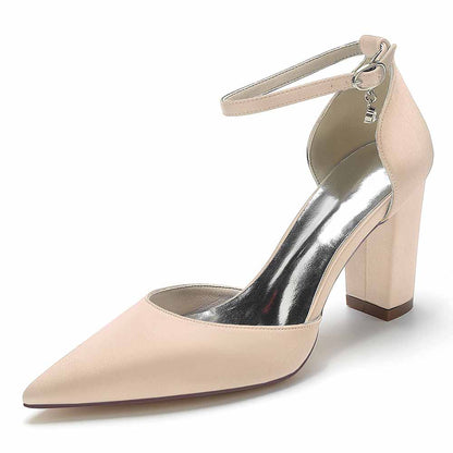Women's satin closed toe high heels in nude with ankle strap and block heel design