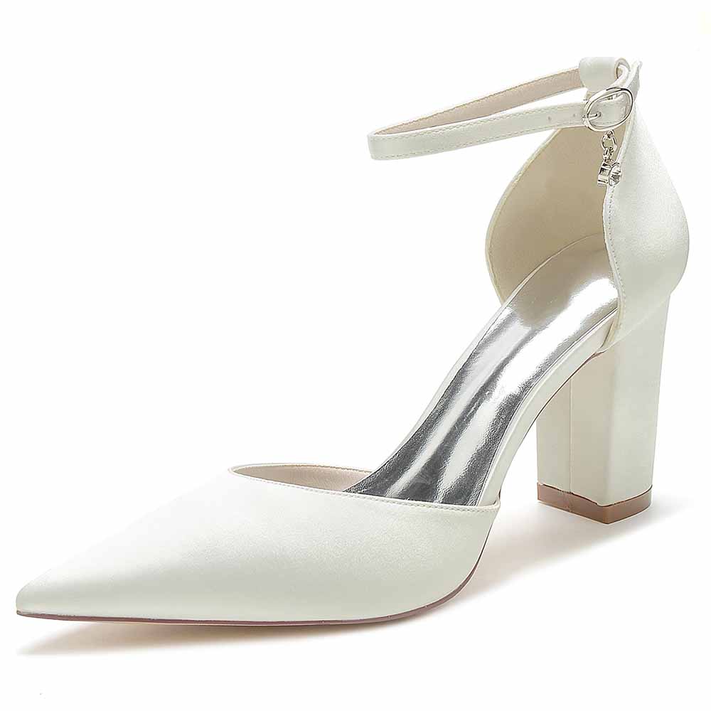 Women's satin closed toe high heels in white with ankle strap and block heel