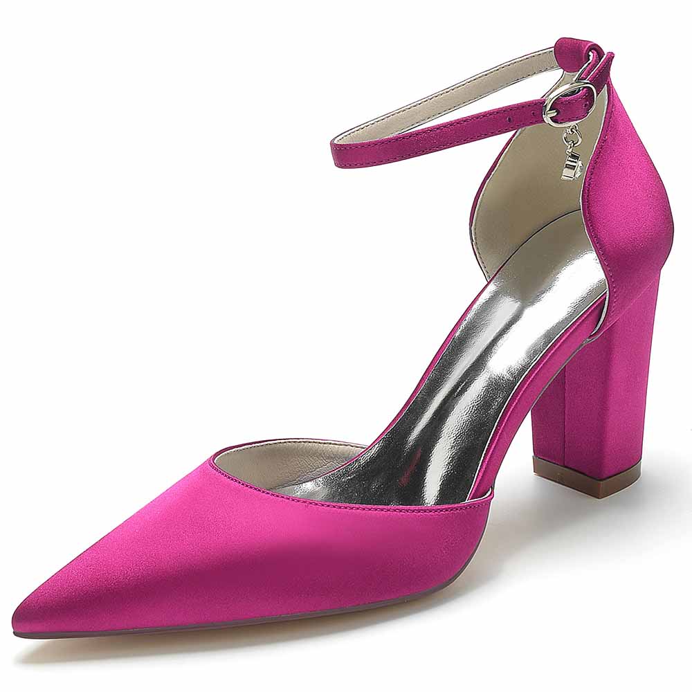 Women's satin closed toe high heels in fuchsia with ankle strap and block heel design