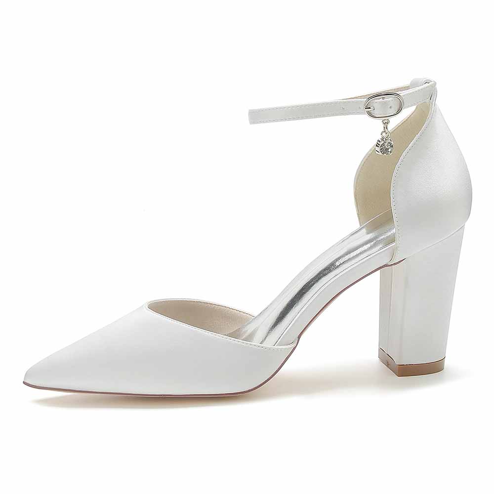 Women's satin closed toe high heels in white with ankle strap for elegant occasions