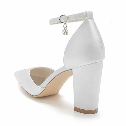 Stylish women's satin closed toe high heels in white with ankle strap and block heel design