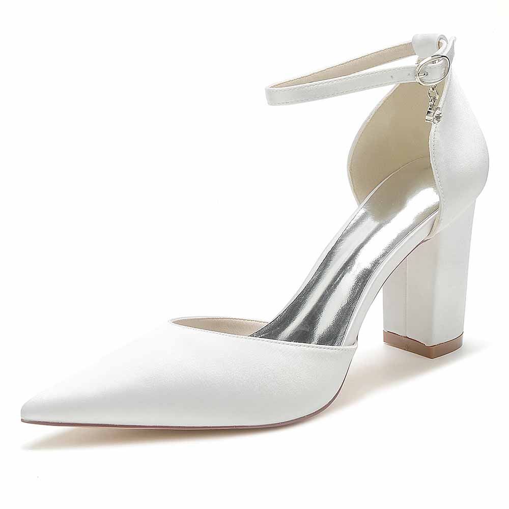Women's satin closed toe high heels with ankle strap and block heel for elegant style
