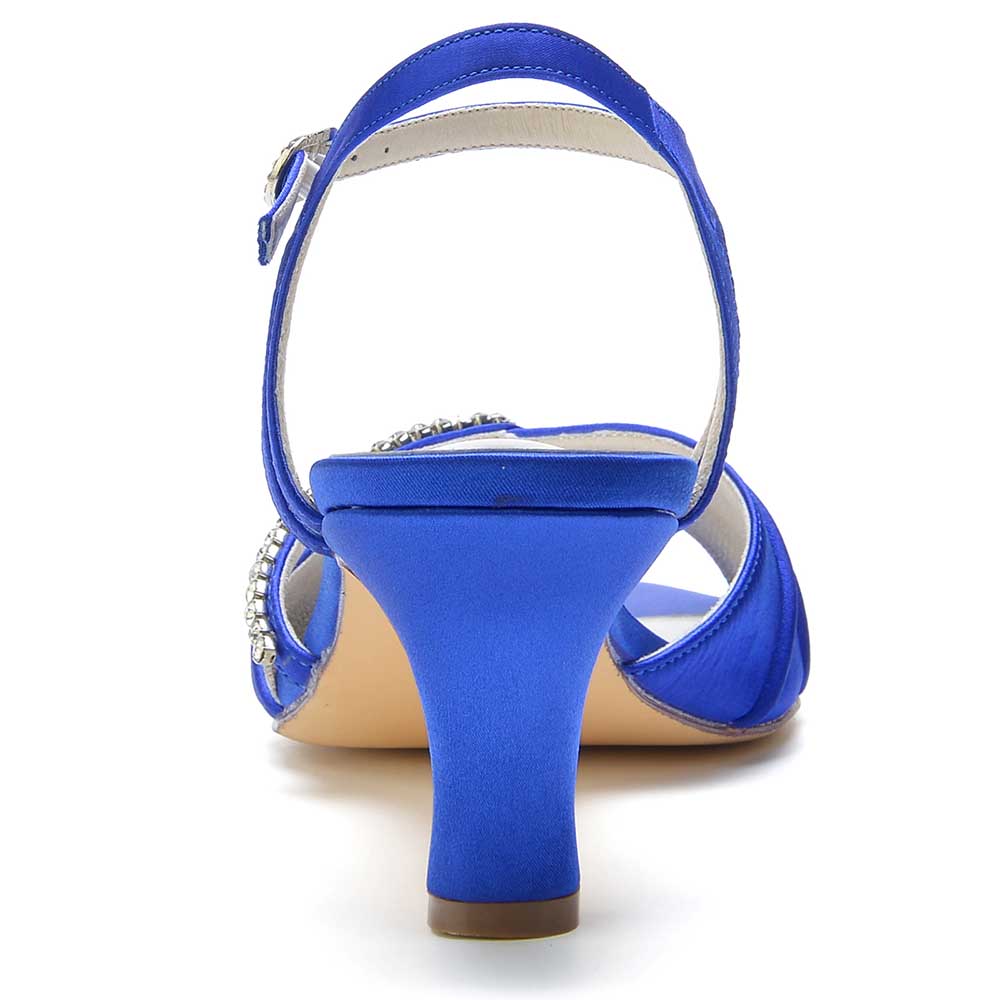 Elegant blue women's satin dress sandals with a stylish heel and sparkling embellishments