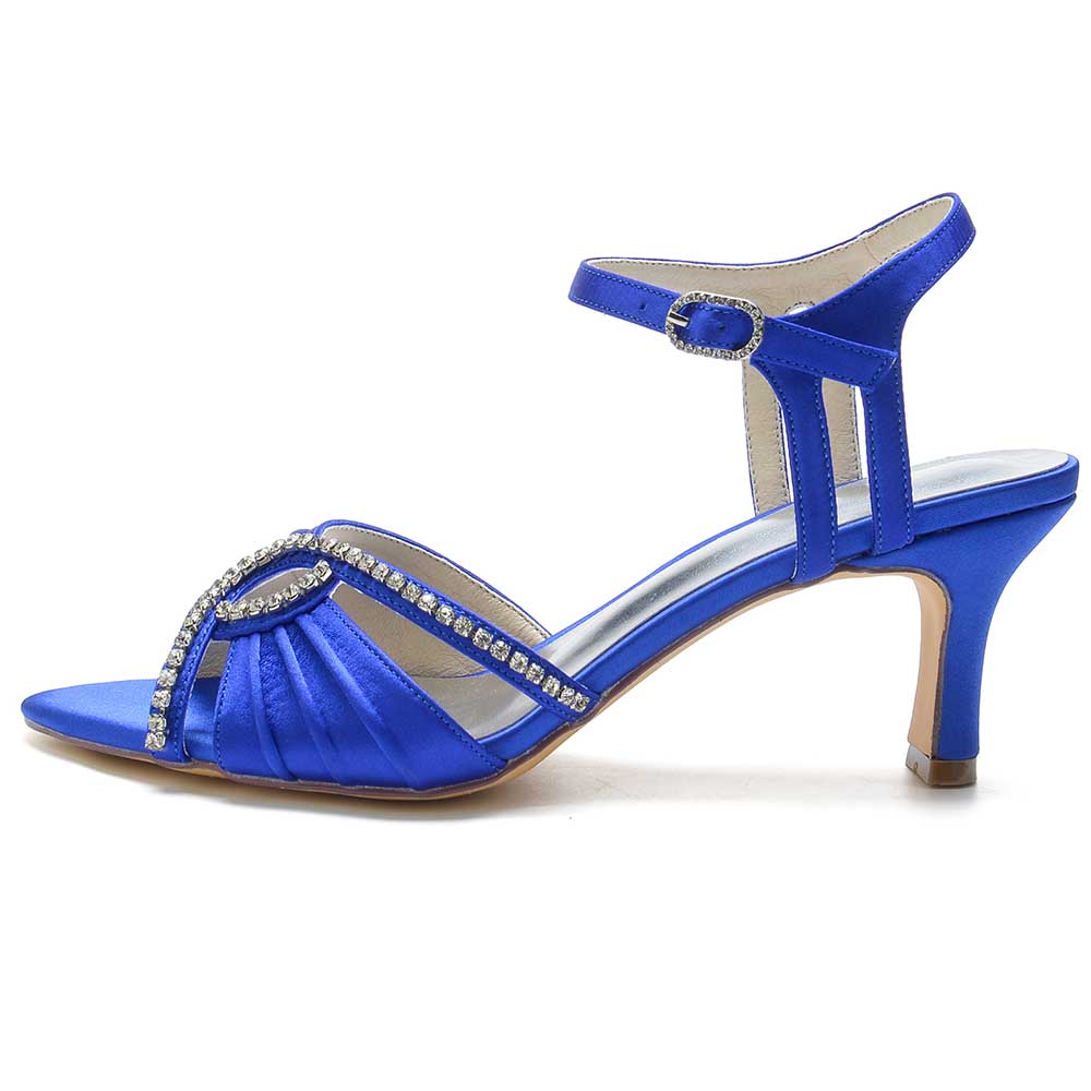 Elegant blue women's satin dress sandals with rhinestone detail and a stylish heel