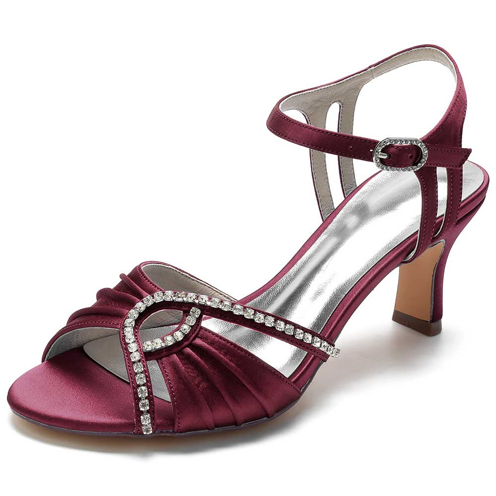 SD Dresscode women's satin dress sandals in burgundy with rhinestone accents and ankle strap