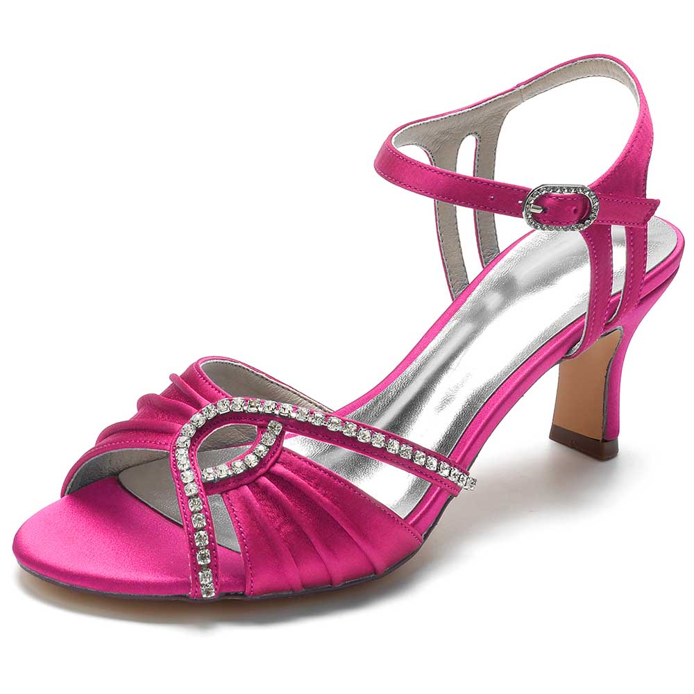 Elegant pink women's satin dress sandals with rhinestone accents and a comfortable heel