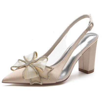 Women's satin high heel sandals with a bow and rhinestone embellishment for elegant occasions