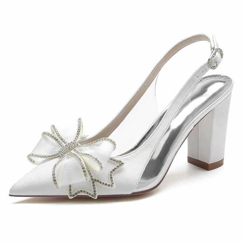 Women's satin high heel sandals with decorative bow and shiny silver accents