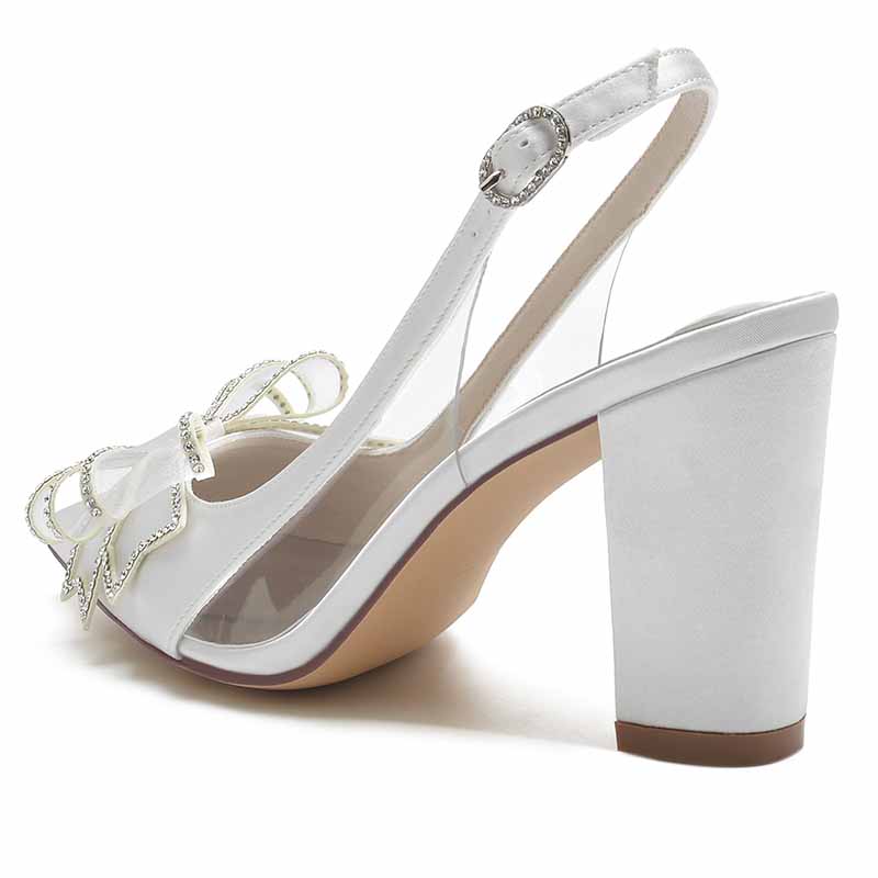 S&DCo. women's satin high heel sandals with a decorative bow and clear strap for elegant styling