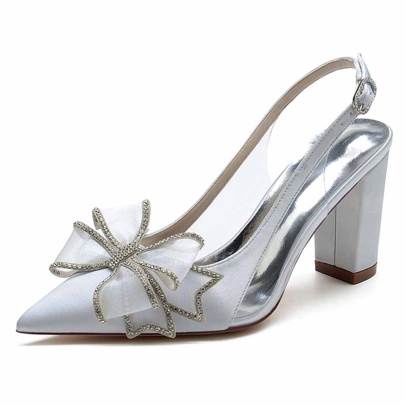 Women's satin high heel sandals in white with a decorative bow and rhinestone details