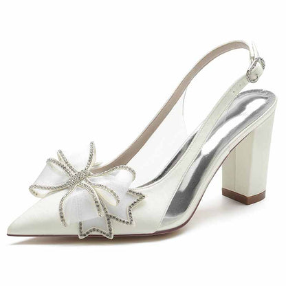 Women's satin high heel sandals with elegant bow detail and a stylish pointed toe