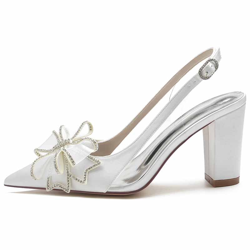 Women's satin high heel sandals with decorative bow and silver accents for elegant occasions