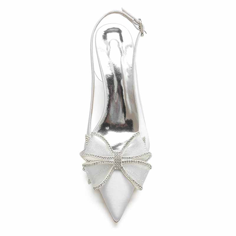 Women's satin high heel sandals with a stylish bow and rhinestone detailing