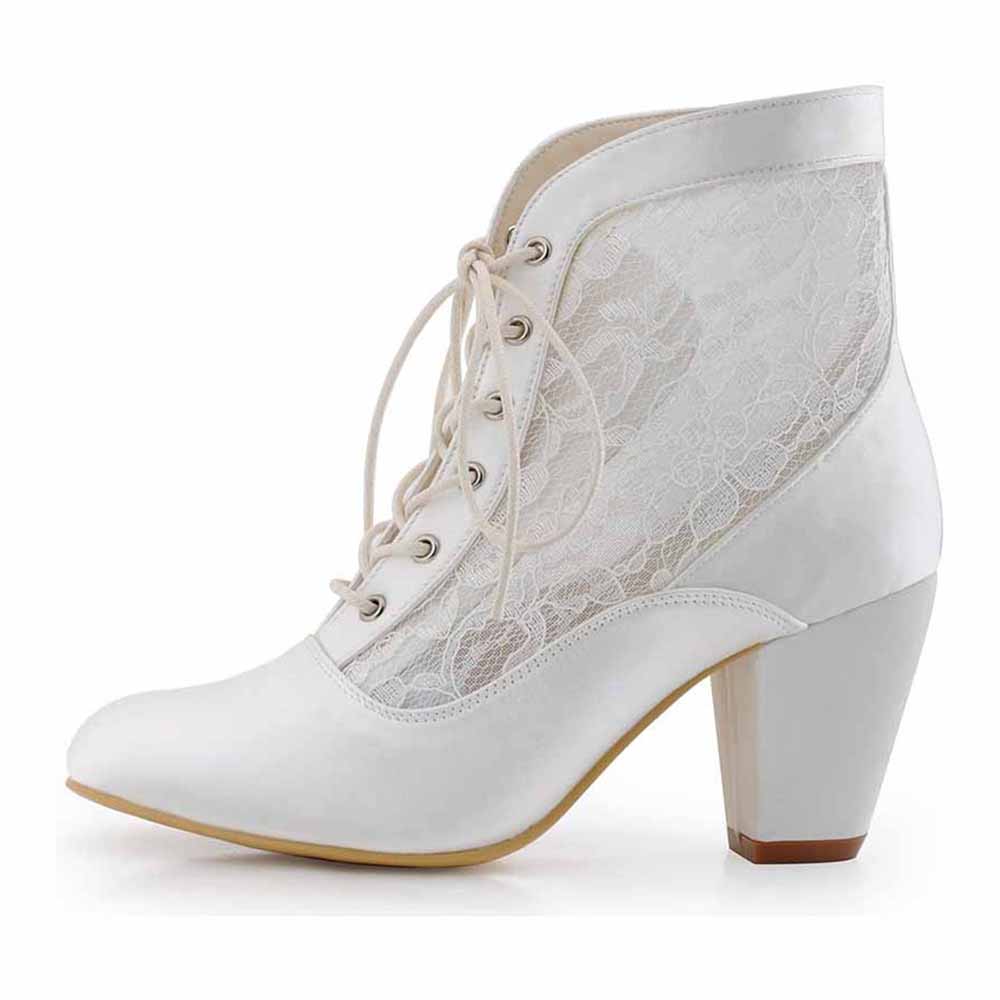 Stylish women's satin lace wedding shoes in white with a unique lace design and elegant heel