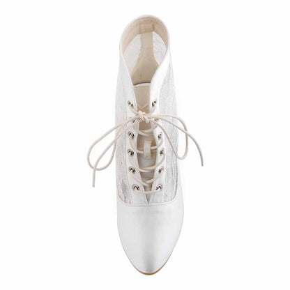 women's satin lace wedding shoes in white with elegant lace detailing and ribbon laces