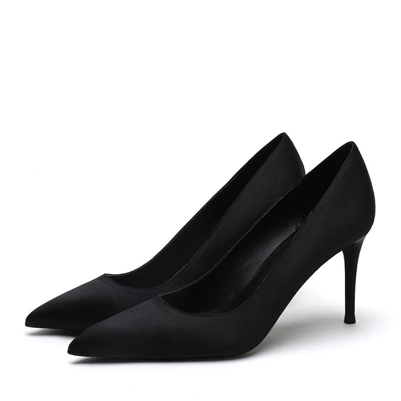 Elegant women's satin party shoes in black with a sleek pointed toe design and high heels