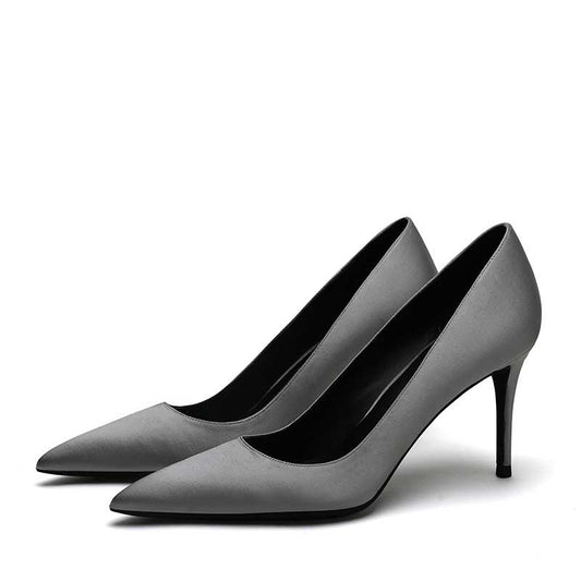 Women's satin party shoes in elegant gray with a sleek pointed toe design and high stiletto heels