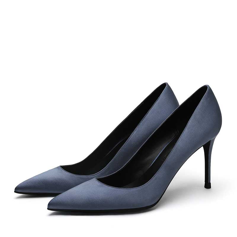 Women's satin party shoes in elegant navy blue, perfect for formal events and parties