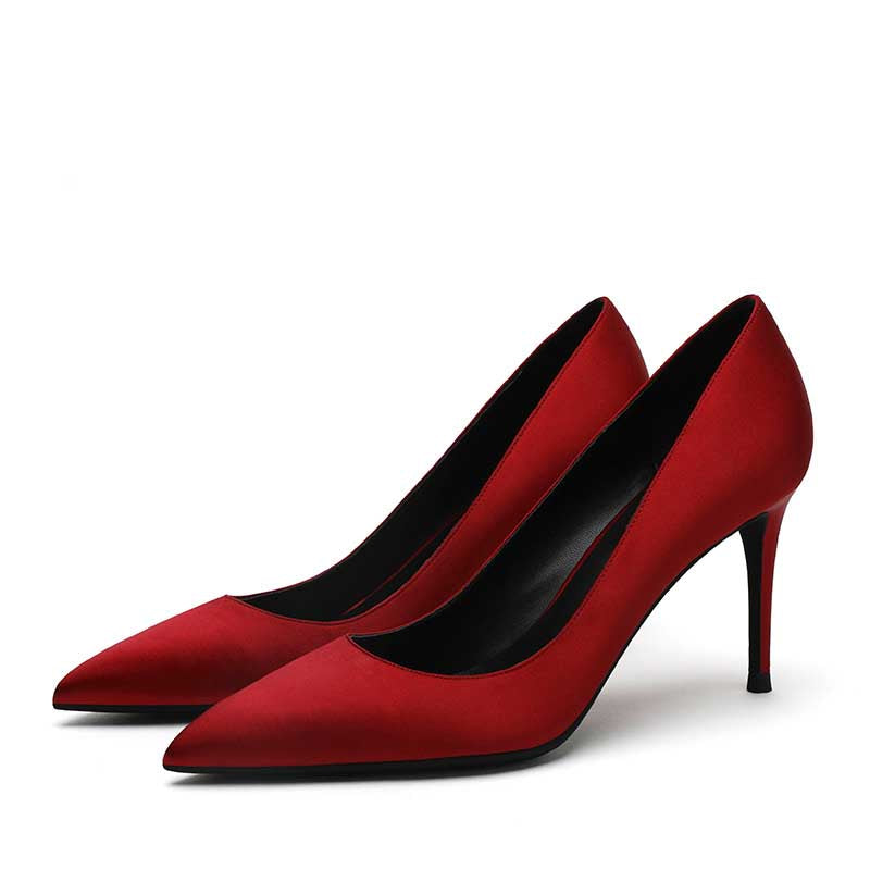 SD Dresscode red women's satin party shoes with elegant pointed toe and high heel design