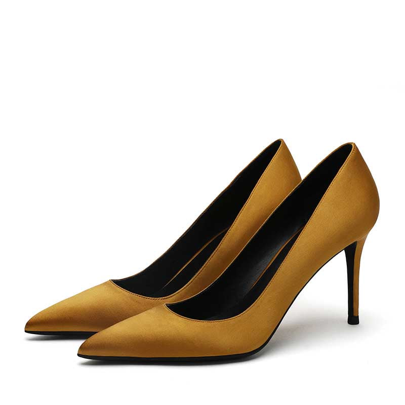 SD Dresscode women's satin party shoes in elegant mustard yellow with a sleek pointed toe design