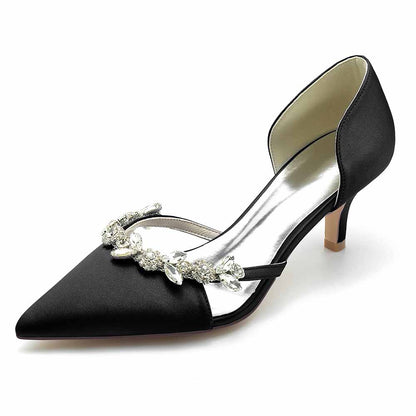 Elegant women's satin pointed toe pumps with decorative embellishments for wedding attire