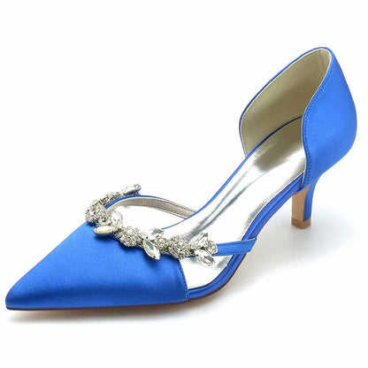 Women's satin pointed toe pumps in blue with elegant embellishments for wedding occasions