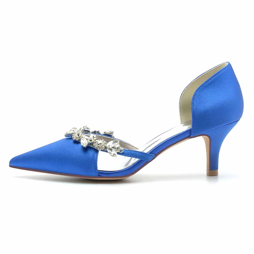 Women's satin pointed toe pumps in blue with elegant rhinestone embellishments for weddings