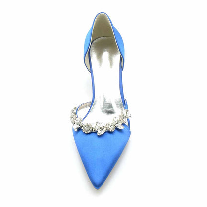 Elegant blue women's satin pointed toe pumps with jeweled embellishment for weddings