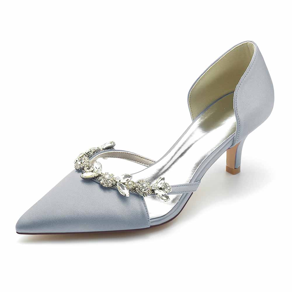 Women's satin pointed toe pumps in blue with elegant embellishments for weddings