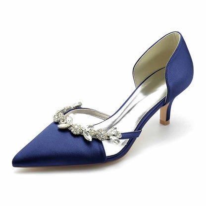 Women's satin pointed toe pumps in navy with sparkling embellishments for wedding events
