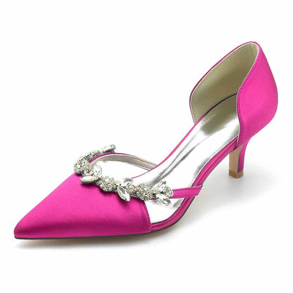 Women's satin pointed toe pumps in vibrant pink with elegant jeweled detailing