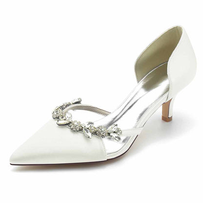 Women's satin pointed toe pumps with elegant embellishments for wedding occasions