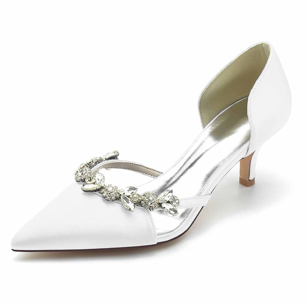 Elegant women's satin pointed toe pumps with a jeweled embellishment for weddings