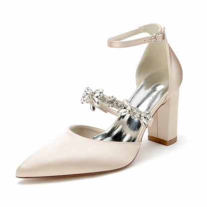 Women's satin rhinestone high heels with elegant ankle strap and decorative embellishments