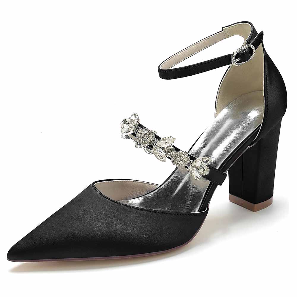 S&DCo. women's satin rhinestone high heels in black with ankle strap and block heel design
