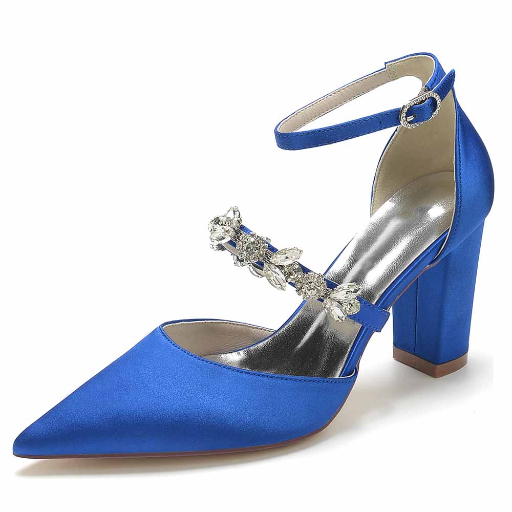 Women's satin rhinestone high heels in blue featuring an elegant ankle strap and block heel
