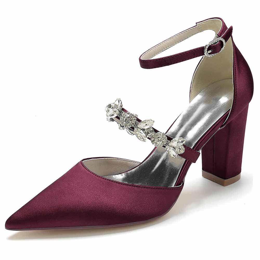 Women's satin rhinestone high heels in burgundy with elegant ankle strap design