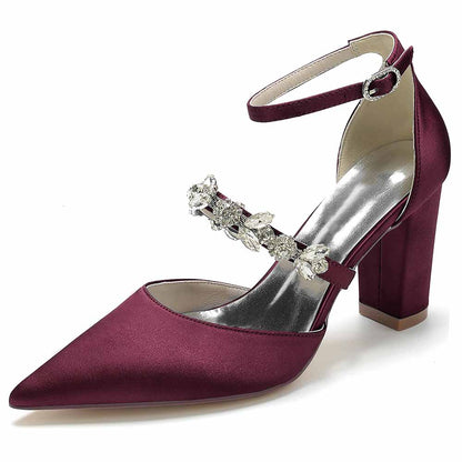 Women's satin rhinestone high heels in burgundy with elegant ankle strap design