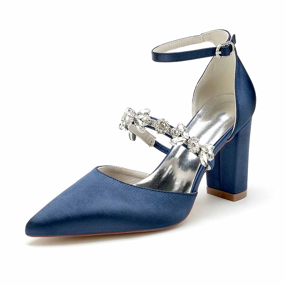 Women's satin rhinestone high heels in navy with elegant ankle strap and embellished design